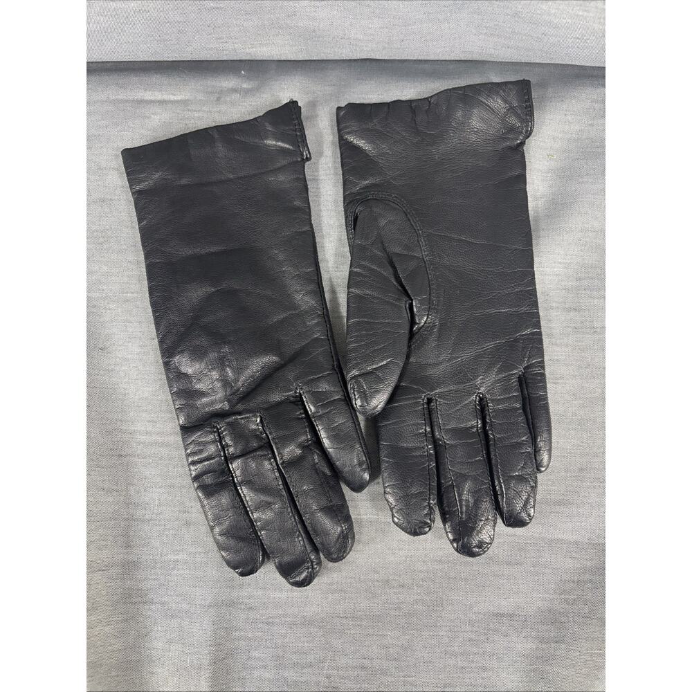 EDDIE BAUER Ladies Black Winter Gloves Leather/100% cashmere Lining 6 1/2‎